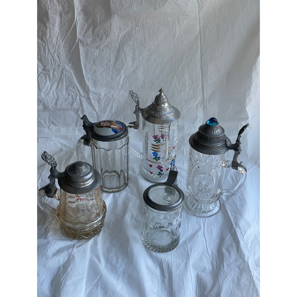 5 vintage glass beer steins